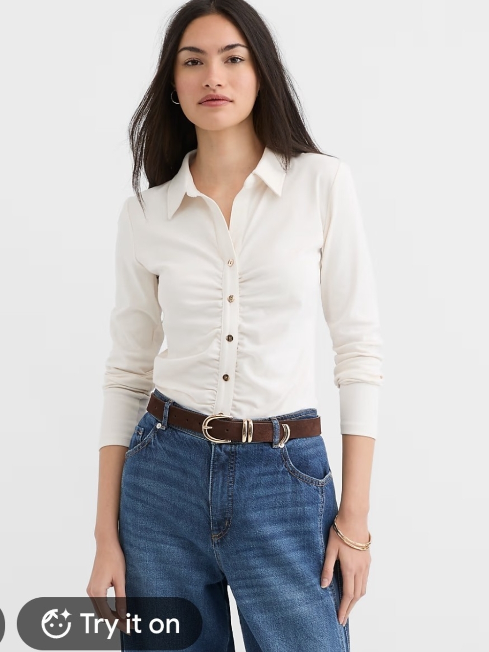 LOFT Cream Ruched Button-Down Shirt